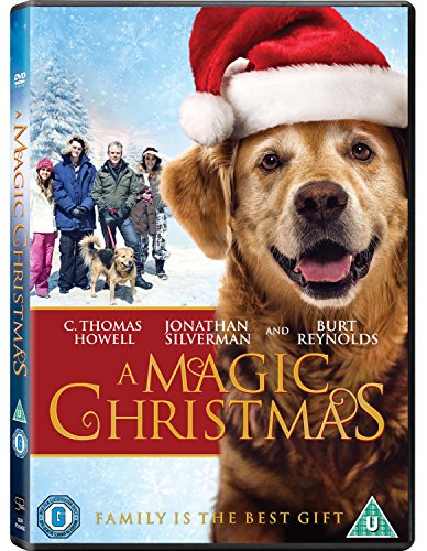 "A Magic Christmas" DVD case featuring a golden retriever wearing a Santa hat.