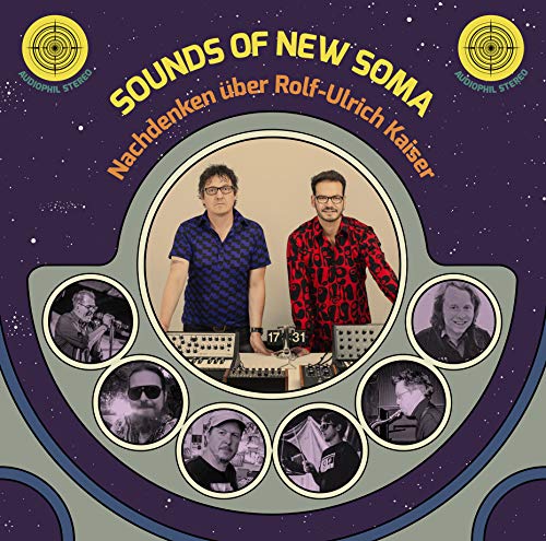 "CD cover featuring two men and six circular portraits against a purple background."