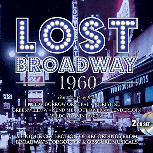 "CD cover with 'Lost Broadway 1960' title, featuring a nighttime Broadway street scene."