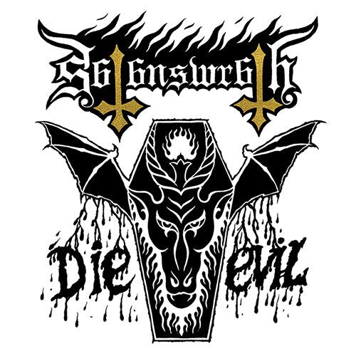 "Album cover with coffin, bat wings, and 'Die Evil' text, on white background."