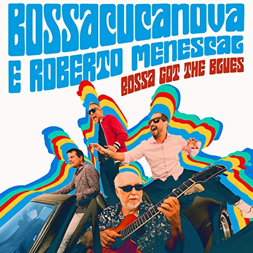 "Album cover with four men and colorful abstract design."
