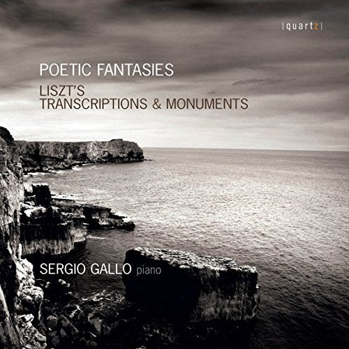"Black and white seascape CD cover with 'Sergio Gallo piano' and 'Poetic Fantasies' text."