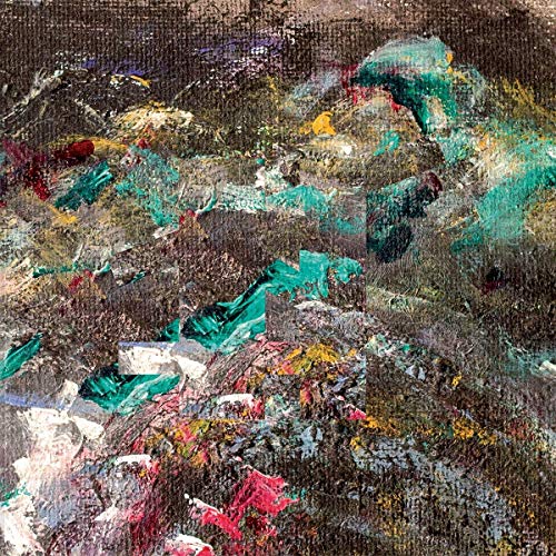 The alt text for the image is: "Abstract painting with thick, multicolored brushstrokes and textured paint."