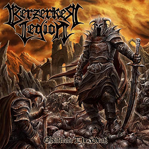 "Album cover art featuring a warrior standing over a battlefield with swords."
