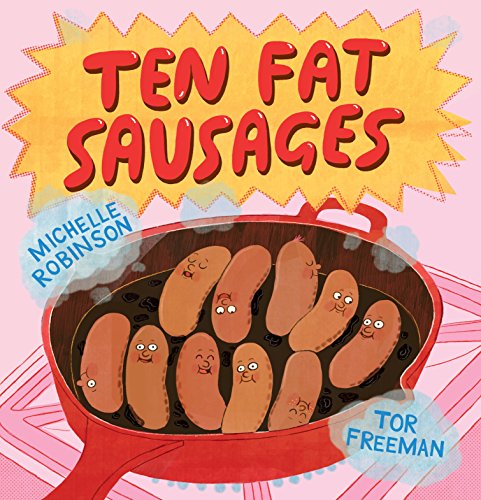 "Children's book cover featuring a red pan with cartoon sausages on a pink background."