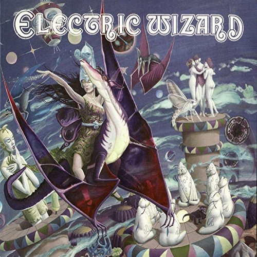 "Album cover art for Electric Wizard, featuring surreal, fantastical illustration with green title text."