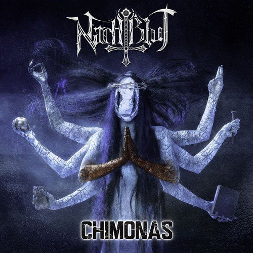 "Album cover art: pale figure with multiple arms and long hair, dark background."