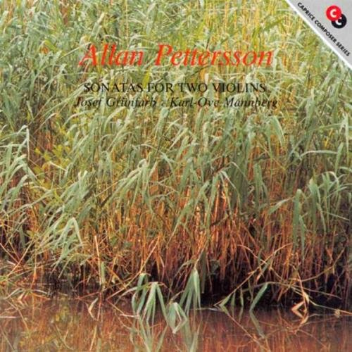 "CD cover with tall grass and water, featuring Allan Pettersson's 'Sonatas for Two Violins'."