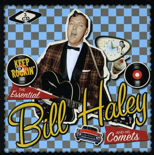 "CD cover featuring Bill Haley holding a guitar, with blue and gray checkered background."