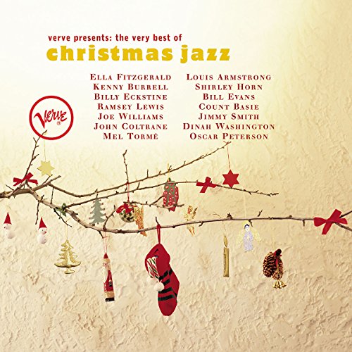 "Christmas jazz album cover with ornaments on a branch, beige background, artist names listed."