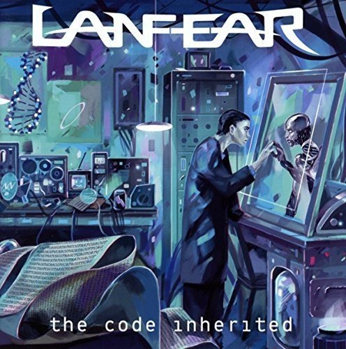 The alt text for the image is: "Album cover art for Lanfear's 'The Code Inherited' featuring a futuristic laboratory scene."