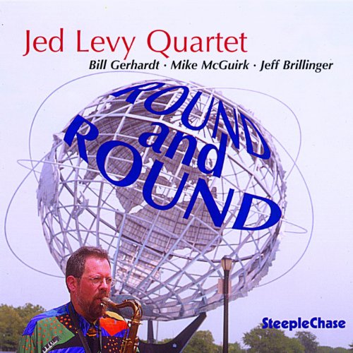 "Album cover with a man playing saxophone in front of a large metal sphere."