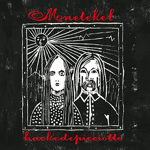 "Black album cover with white illustration of two people and red text."