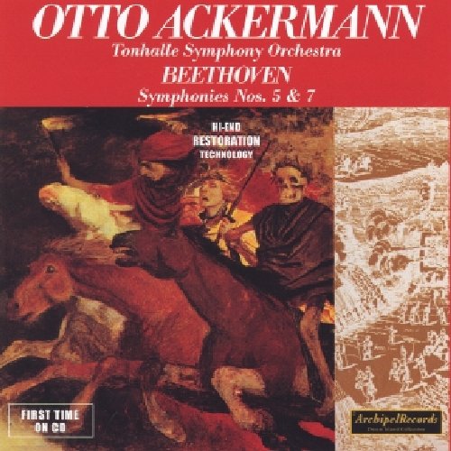 "CD cover with red background, horse painting, and white text, featuring Beethoven's symphonies."