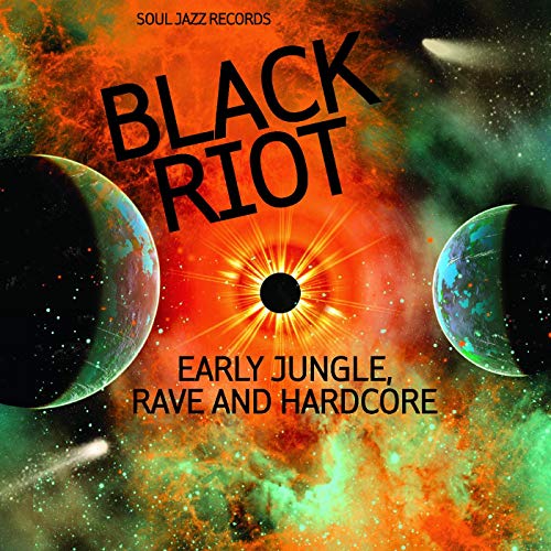 "Album cover with 'Black Riot' text, planets, and a starburst in a vibrant space scene."