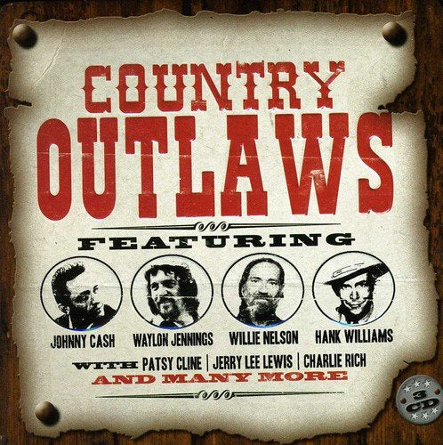 "CD cover with 'Country Outlaws' title, featuring portraits of four country artists."