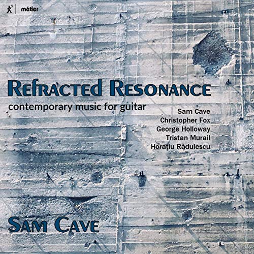 "CD cover with blue-gray abstract background, 'Refracted Resonance' title, and composer names listed."