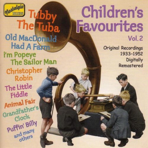 "CD cover with children around a tuba, listing song titles and 'Children's Favourites Vol. 2'."