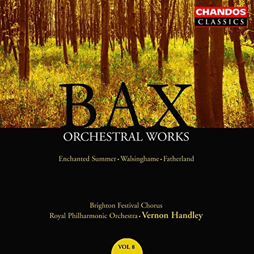 A CD cover featuring a forest scene with text "Bax Orchestral Works" on a black background.
