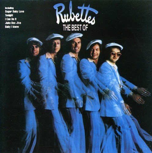 The image shows a CD cover for "Rubettes: The Best Of". Alt text: CD cover featuring five men in blue suits against a black background.