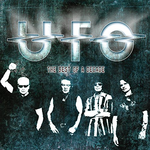 "UFO band members in black and white on a dark, textured album cover."