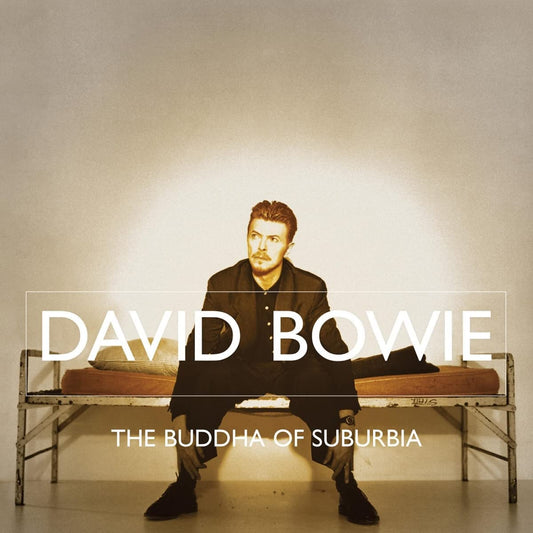 David Bowie album cover featuring a man sitting on a bench with text overlay.