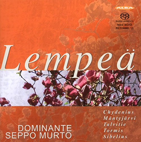 "CD cover with 'Lempeä' title, pink flowers, and artist names on orange background."