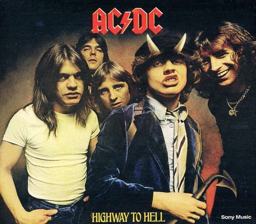 AC/DC band members on "Highway to Hell" album cover, featuring red logo and yellow text.