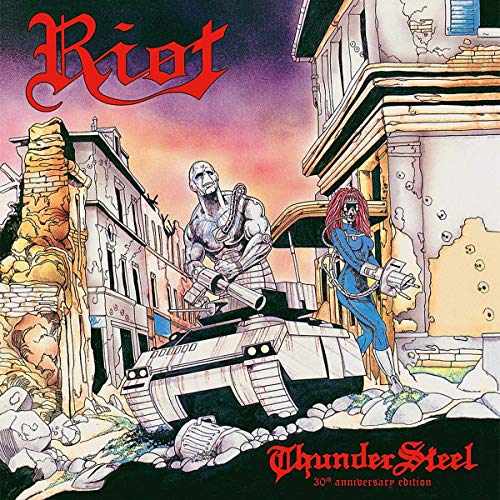 Album cover with robot and woman amidst destruction, "Riot" and "Thundersteel" in red text.