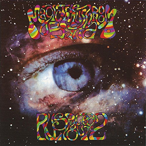 "Album cover with a blue eye and colorful text against a starry background."