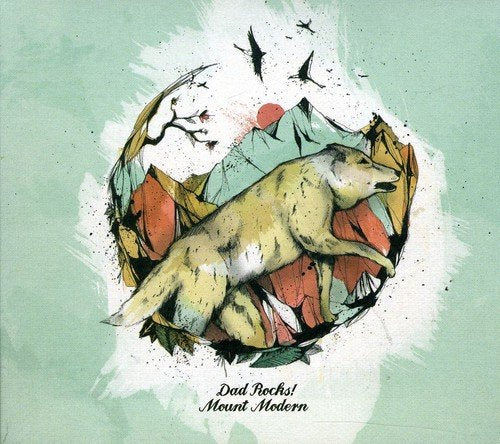 "Album cover with a wolf illustration on a green background, featuring 'Dad Rocks! Mount Modern'."
