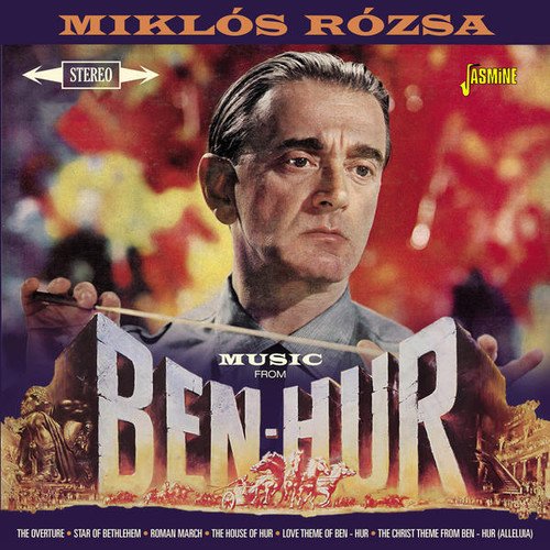 "Album cover featuring Miklós Rózsa holding a baton with 'Ben-Hur' title."