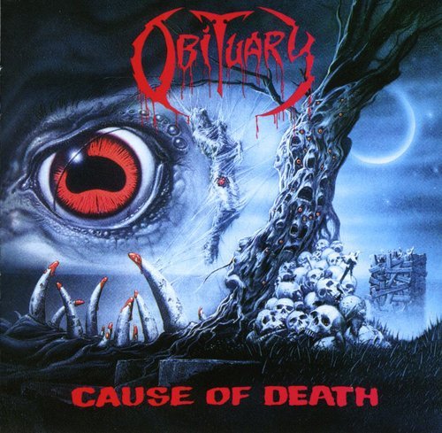 "Album cover with a giant, red-eyed face and skulls, titled 'Obituary - Cause of Death'."