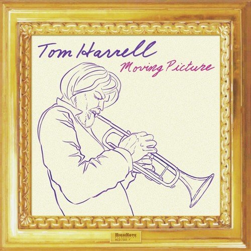 "Album cover with gold frame, illustration of man playing trumpet, and artist's name."