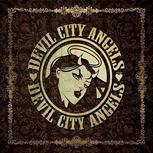 "Album cover with a devil-angel illustration, surrounded by ornate gold border on dark background."
