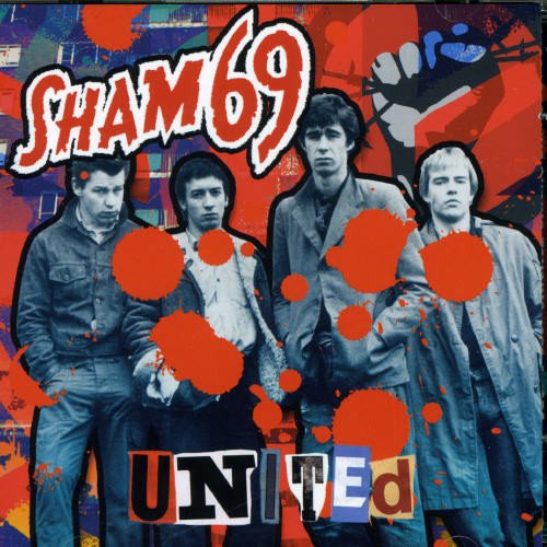 "Album cover with four men and 'Sham 69 - United' text, splattered with red paint."