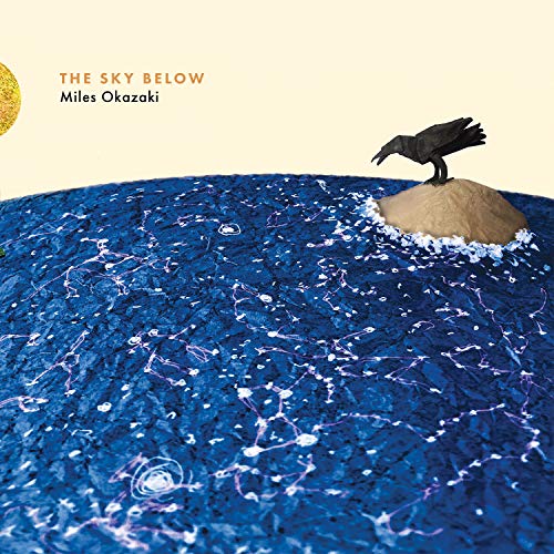 "Album cover with a crow on a rock surrounded by dark blue water."