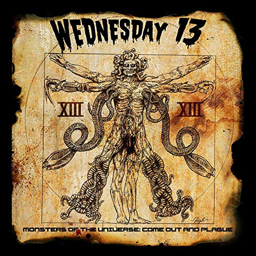 "Album cover with a man having tentacles for arms and legs, on a parchment background."