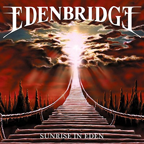 "Album cover with a wooden bridge leading to a bright light under red clouds."