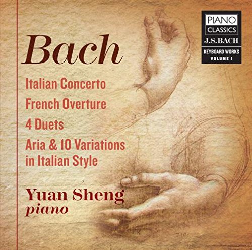 CD cover with hands drawing and text listing Bach's keyboard works performed by Yuan Sheng.