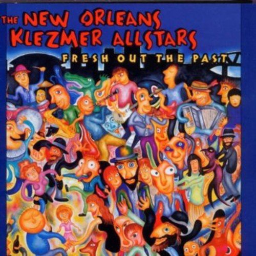 "Album cover with cartoon illustration of musicians and dancers on a blue background."