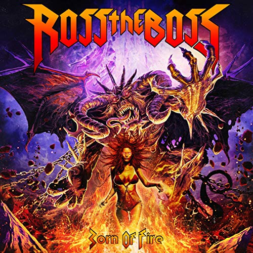 "Album cover art: woman surrounded by flames, attacked by a monster."