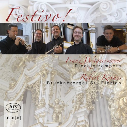 CD cover with five men holding trumpets, ornate white and gold background.