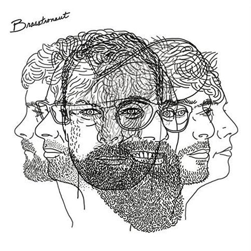 Black and white illustration of multiple faces merged, with "Brasstronaut" written in the top left corner.