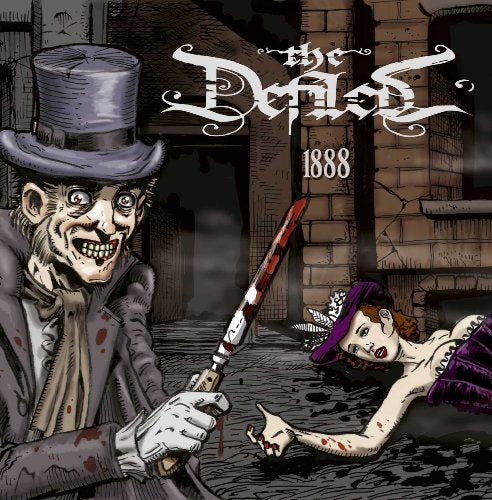"Album cover art: man in top hat holding knife over a murdered woman."