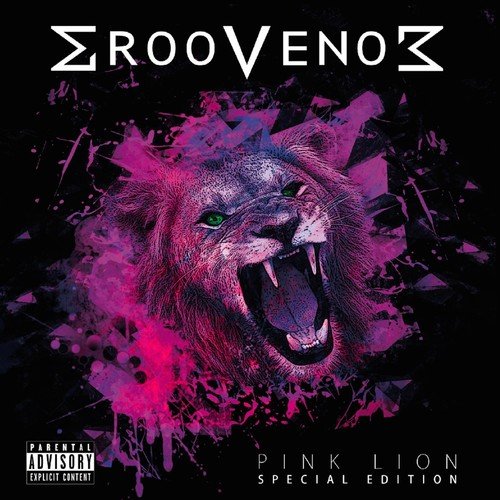 "CD album cover featuring a roaring lion's head with pink and purple splatters."