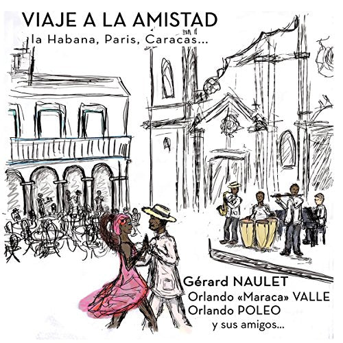 "CD cover with sketch of dancing couple and musicians outside a building."