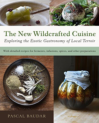 "Cookbook cover with images of prepared dishes and ingredients, titled 'The New Wildcrafted Cuisine'."