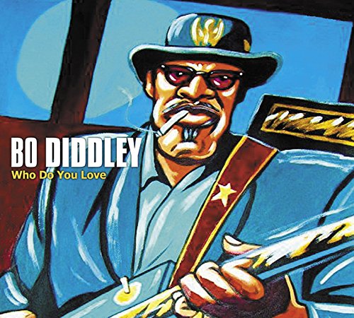 "CD cover featuring Bo Diddley playing guitar, wearing a hat, against a blue background."