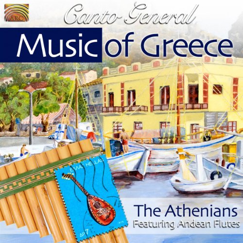 "Album cover featuring a harbor scene, panpipes, and a stamp with a lute."